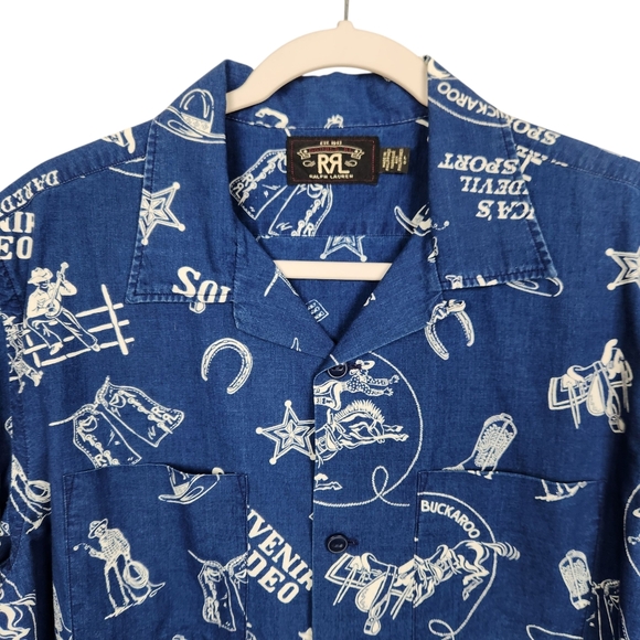 Ralph Lauren Double RL Blue Western Rodeo Camp Shirt Japanese Cotton Mens Size L - Picture 3 of 12